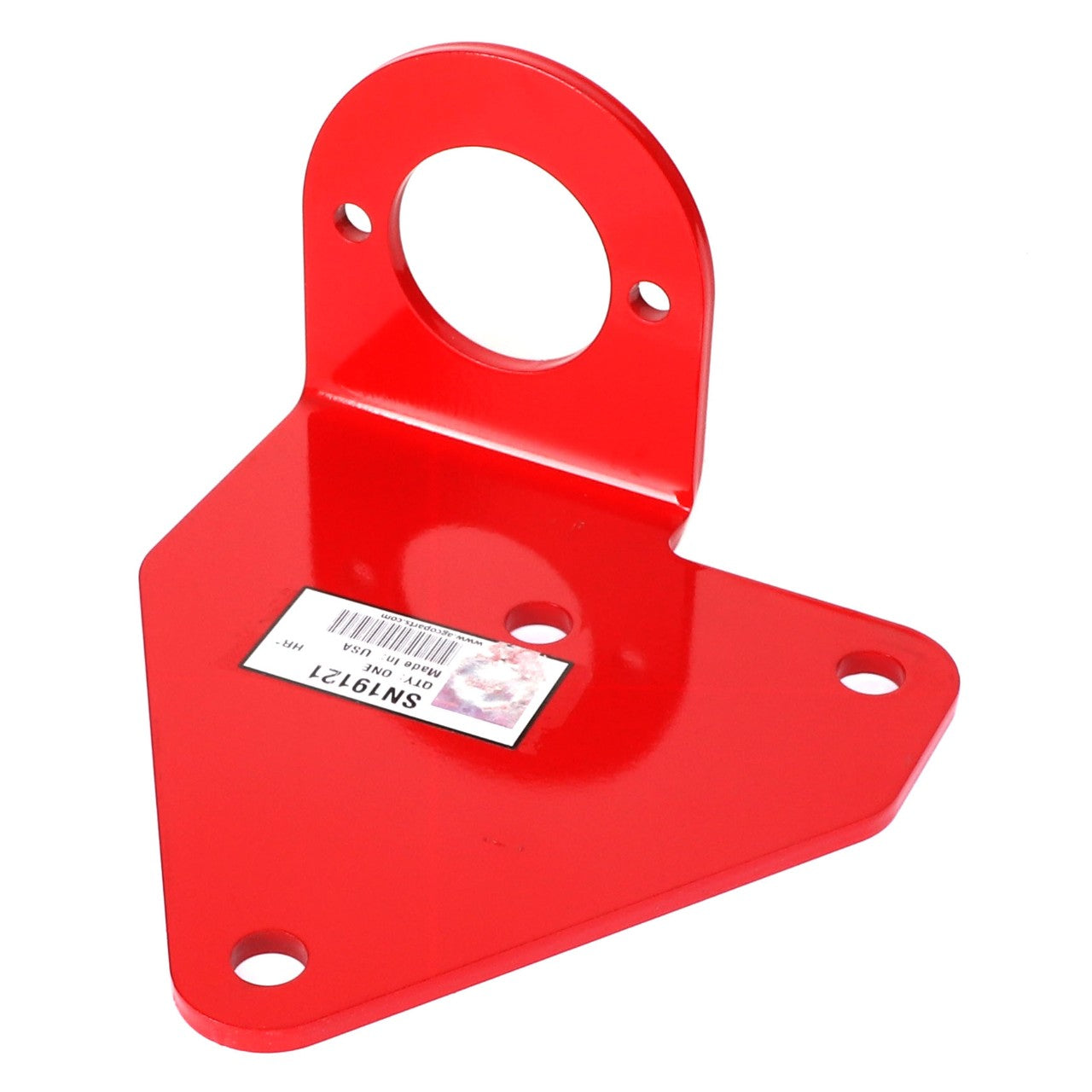 A red metal bracket, AGCO | BRACKET - SN19121, featuring three holes on the base and a large circular hole at the top with a barcode sticker displaying visible text. If you have any ordering questions, please contact our support team for further assistance.