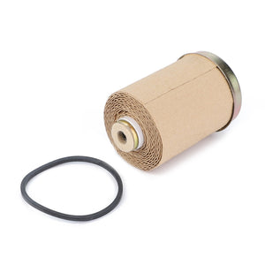 An AGCO Fuel Filter Cartridge - 3604411M1, cylindrical in shape and positioned next to a black rubber gasket, designed for cleaner fuel and effective water separation.