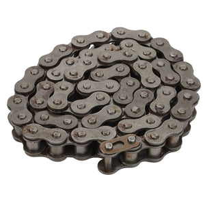 The AGCO Chain Grain Elevator Drive - D42326200, featuring a coiled metal design with visible links and pins and exhibiting high fatigue strength, is arranged in a circular shape on a white background.