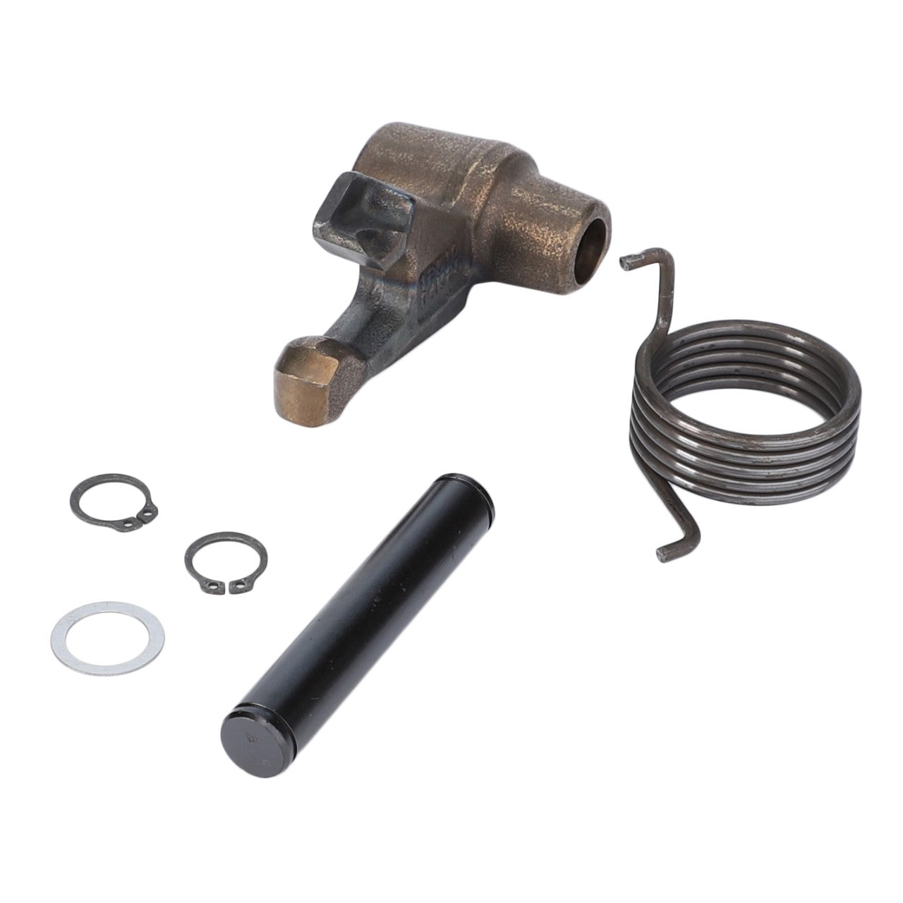 A set of mechanical components, including a metal lever labeled AGCO | Lever, Automatic Clevis, Trailer Hitch - F816500070220, a coiled spring, a cylindrical pin, a washer, and two retaining rings arranged on a white background—ideal for hitch linkage components.