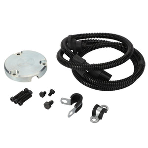 A coiled black cable with connectors, a round metallic plate, screws, and two mounting brackets—ideal for Valtra or Massey Ferguson implements—are arranged on a white surface. This is the AGCO Sensor Front Axle - Acw433667B from AGCO.