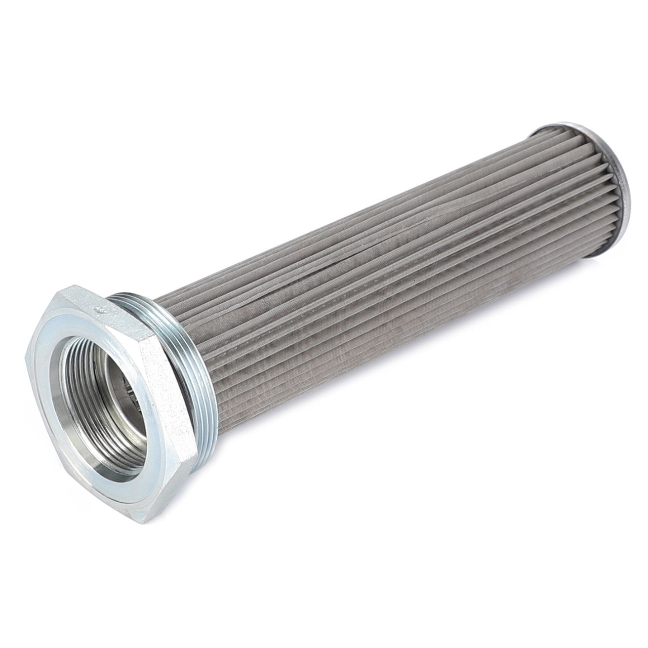 The AGCO Hydraulic Filter Cartridge - 112858W91, featuring a cylindrical metal structure with grooves and a hexagonal threaded base, is essential in fluid filtration systems for extending equipment service life and reducing maintenance costs.