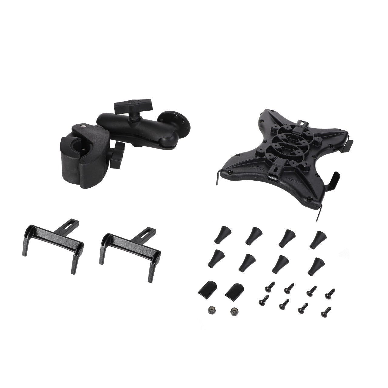 The components of the AGCO | Mount - Acx2550050 TV wall mount kit, including adjustable arms, mounting brackets, screws, and various size rubber caps, are organized on a white background. No current product description information is available from AGCO at this time.