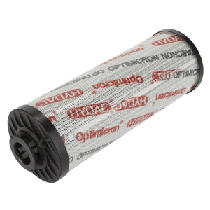 The AGCO Hydraulic Filter Cartridge - Acw5310400 is a cylindrical industrial filter cartridge featuring black plastic end caps and a white mesh body with the brand name "AGCO" printed on it. This filter cartridge is designed to increase equipment service-life and reduce maintenance costs.