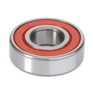 A close-up of the AGCO Deep Groove Ball Bearing - F214202810230 features a red rubber seal and cylindrical outer and inner rings, with the word "Taiwan" visible on the outer edge.