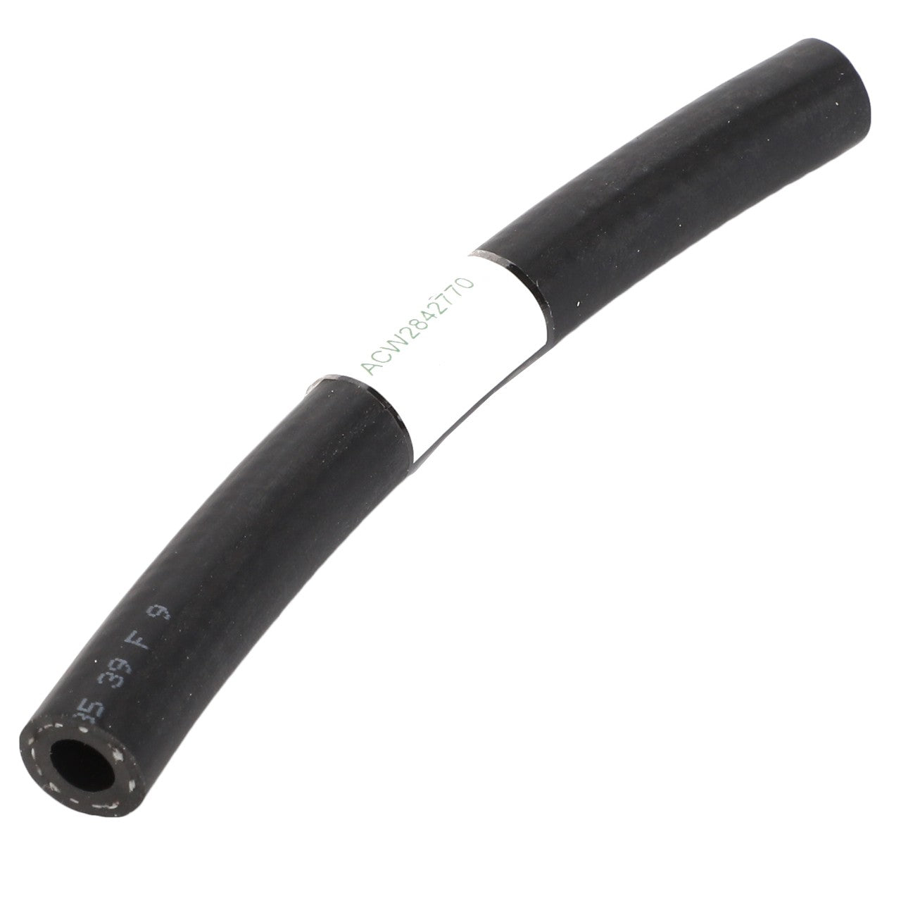 A black rubber hose with a curved shape from AGCO features a white label at its center displaying the code "ACW2842770.