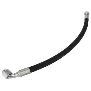 A black flexible hydraulic hose with metal fittings at both ends, one end angled and the other straight is available as the AGCO Hydraulic Hose, model ACW1842510.