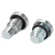 Two AGCO metallic bolts with threaded shafts and flat heads, each paired with a black rubber washer, from the Plug Kit - Acw1748270.