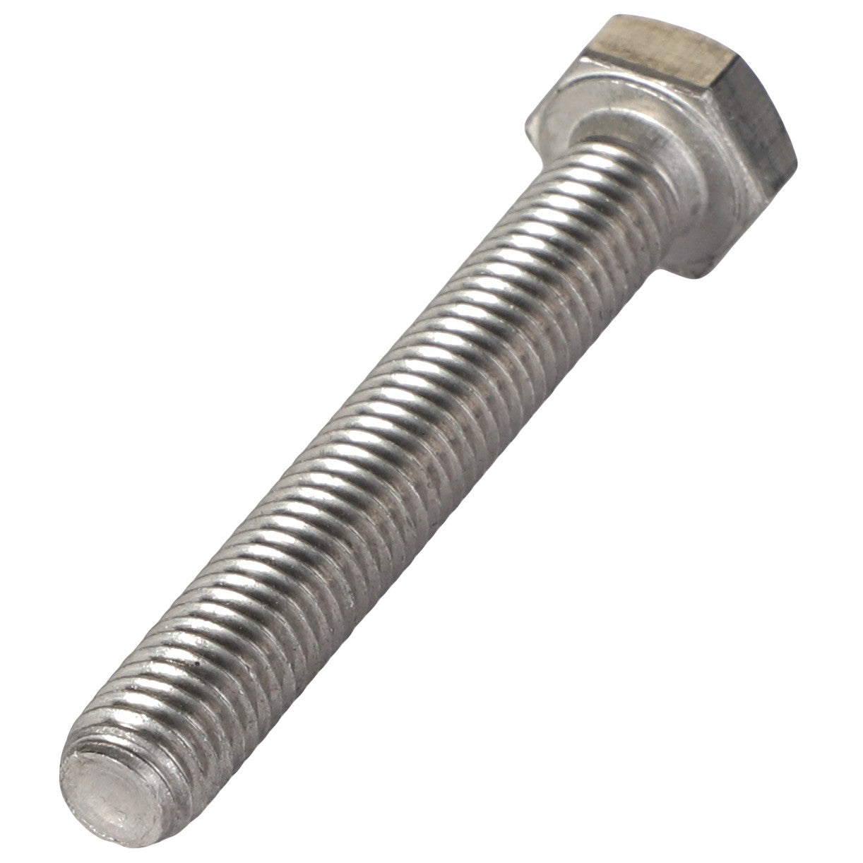 A close-up image of the AGCO BOLT - E105031, showcasing its meticulously threaded shaft and perfectly shaped hexagonal head.