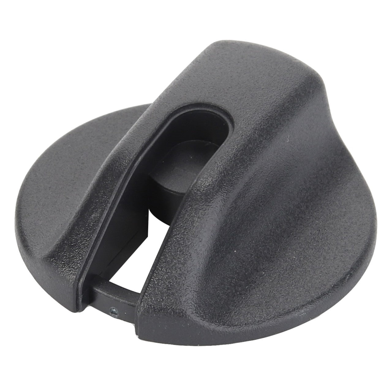 The AGCO | BOTTOM - D45000234, a black plastic rotary knob from the brand AGCO, is ideal for appliances or machines and features a central opening along with a textured surface for enhanced grip.