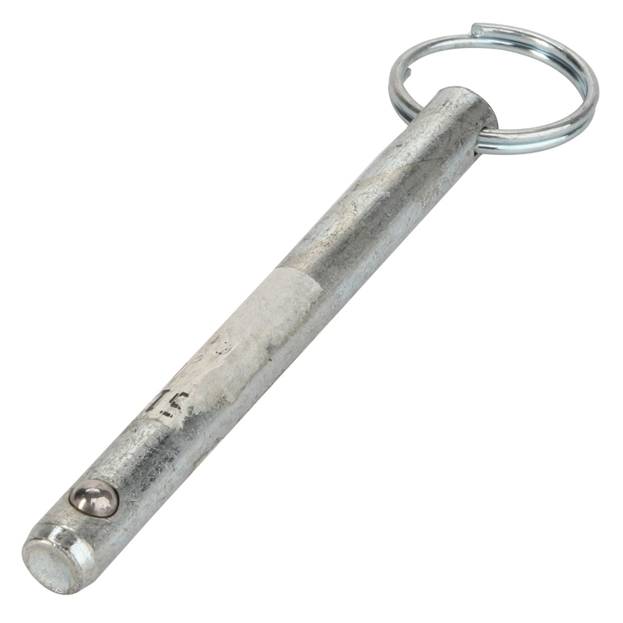 Introducing the AGCO | PIN - AG516105, a durable metal pin featuring a loop at one end and a ball bearing on the side, specifically designed for securing or locking mechanisms. This high-quality product is brought to you by the trusted brand AGCO.