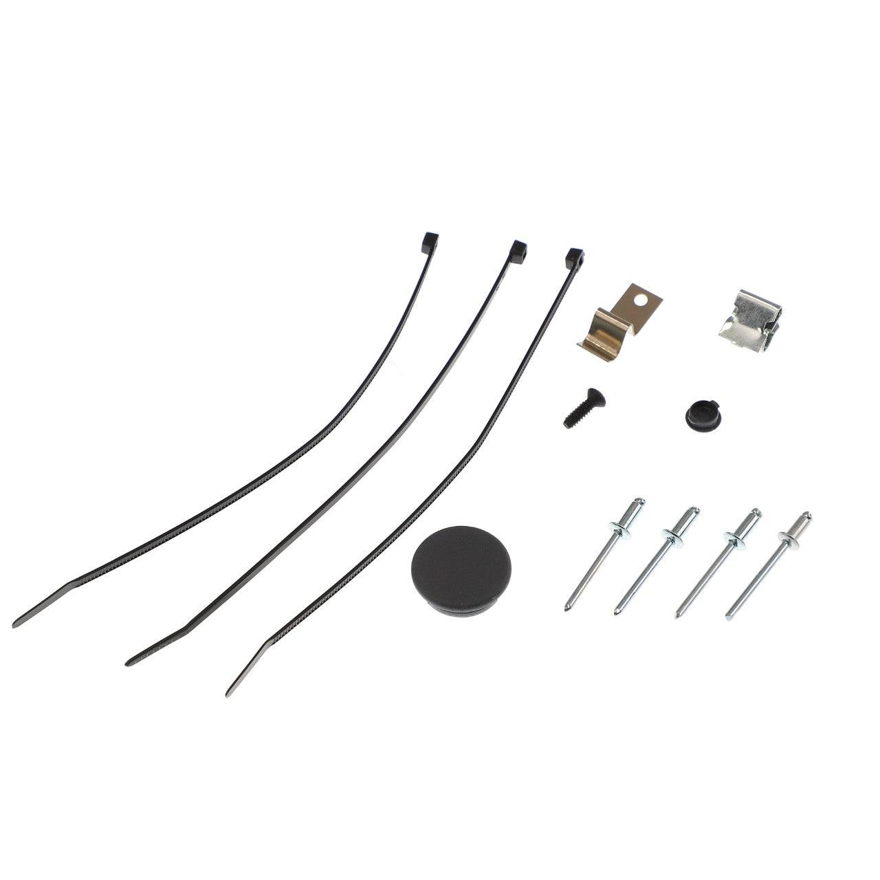 The AGCO Small Parts Kit (F930500030650), featuring assorted hardware such as cable ties, rivets, a screw, a clip, a button head, and a circular black cover arranged on a white background. No current product description available for further details.