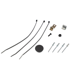 The AGCO Small Parts Kit (F930500030650), featuring assorted hardware such as cable ties, rivets, a screw, a clip, a button head, and a circular black cover arranged on a white background. No current product description available for further details.