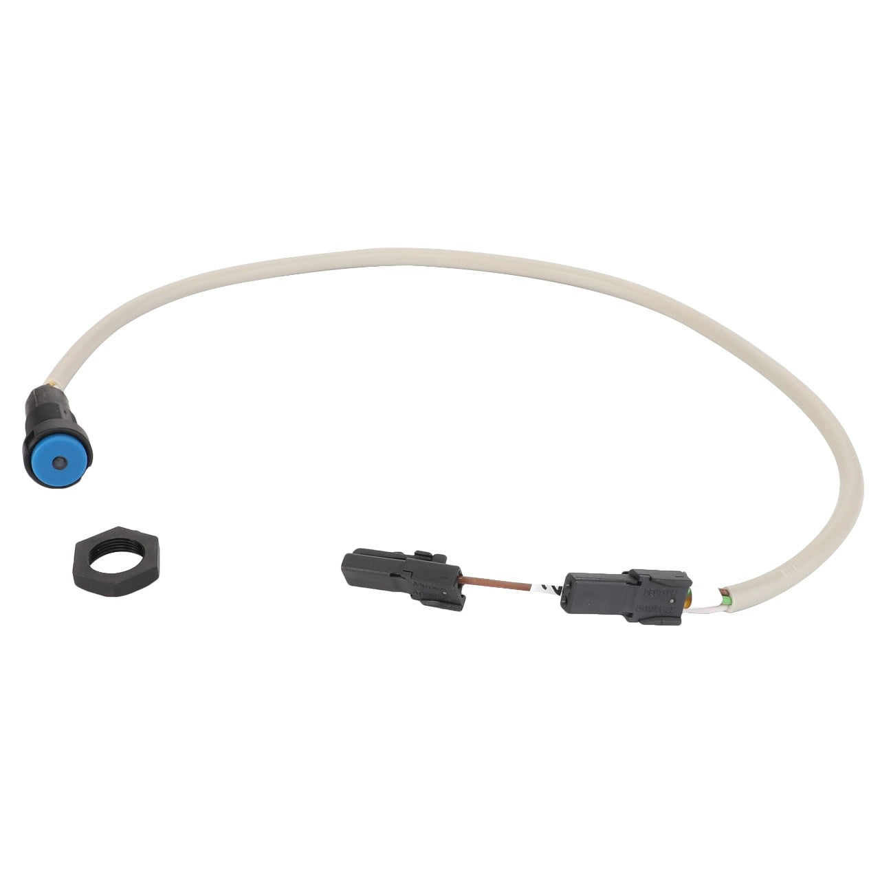 The AGCO | On/Off Push Switch - Acw0439560, from the brand AGCO, features a white cable with a blue connector at one end and a black connector at the other, accompanied by a small black nut. No additional current product description information is available.