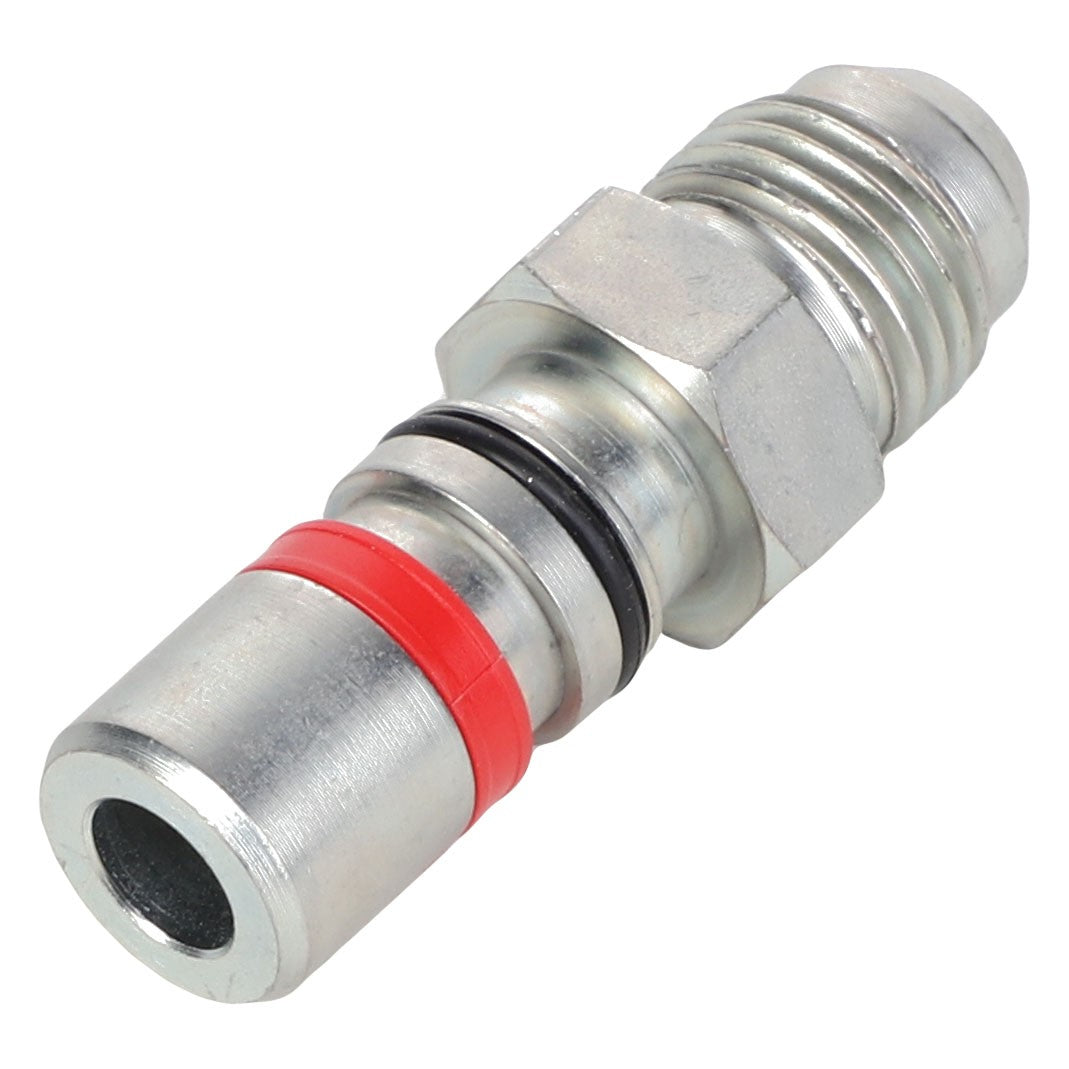 AGCO | HOSE - AL11120578, a metal hydraulic fitting with a hexagonal nut and threaded end, includes two black O-rings and one red O-ring. (No additional specifications available.)