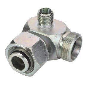 The AGCO | Union - Acw2524190 is a metal pipe fitting with three threaded ports arranged in an angled configuration. Additional product description information is currently unavailable.