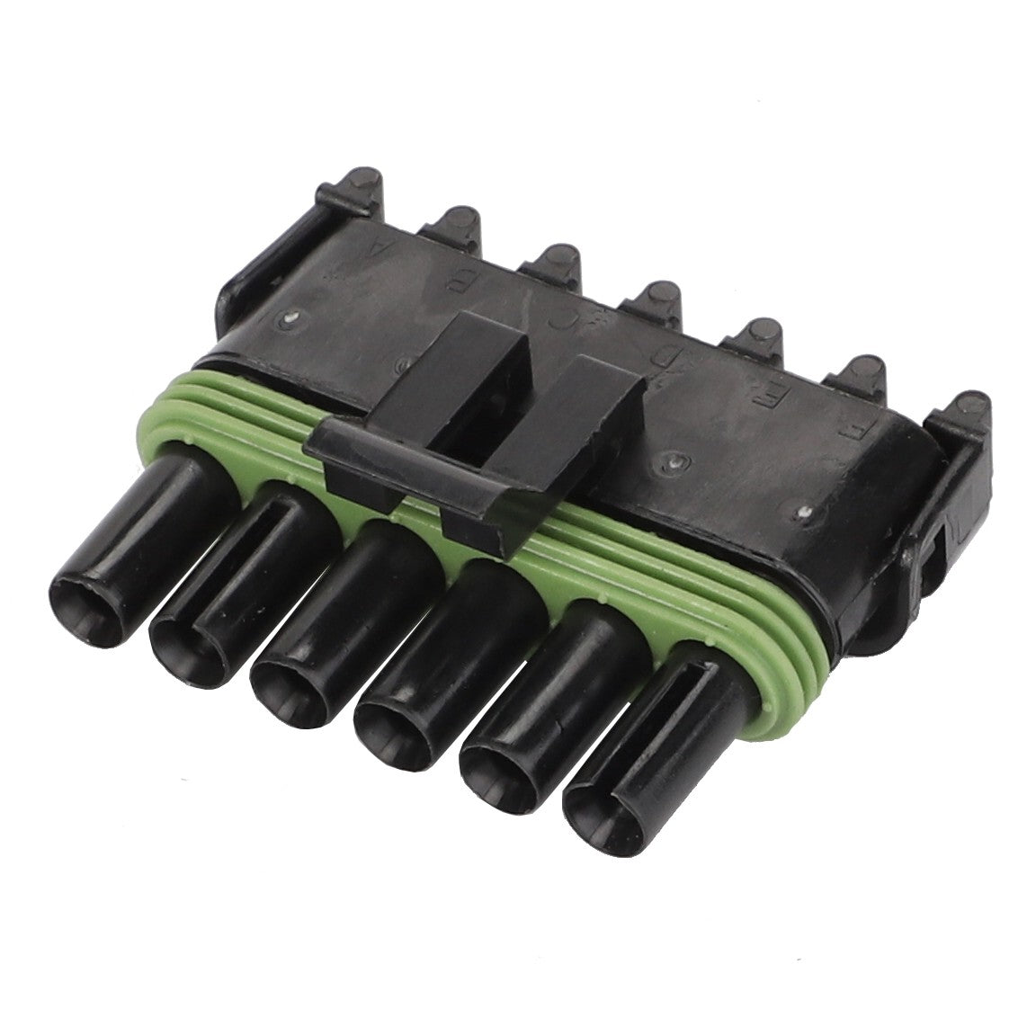 The image shows an AGCO black and green five-pin electrical connector with individual male terminals arranged in a single row. The product name is Connector - AG515761 by AGCO.