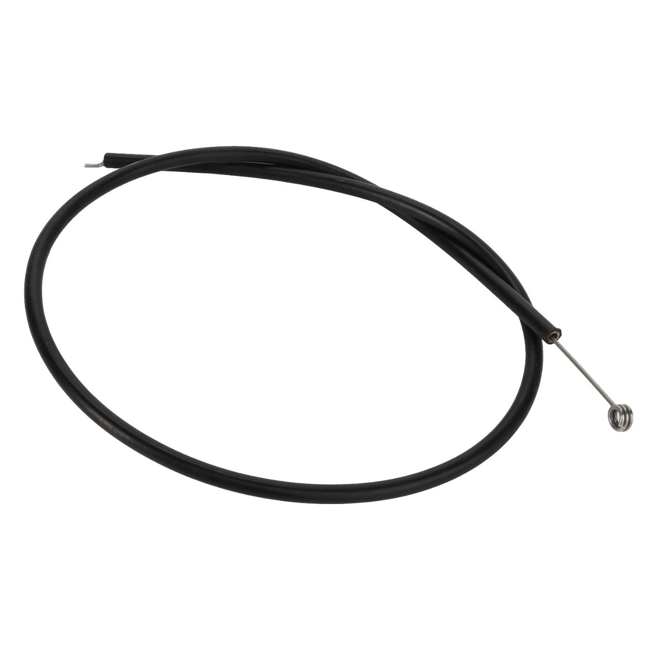 There is no current product description available for the AGCO Cable - Acw1987400, a black bicycle brake cable coiled in a circular shape with a metal tip.