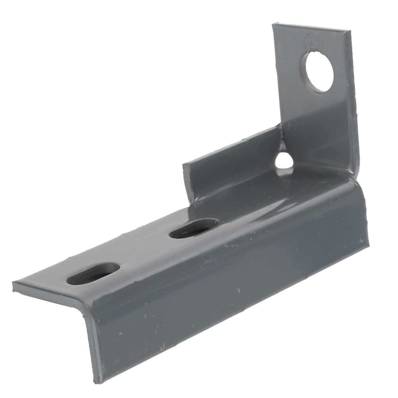 The AGCO | BRACKET - D28784197 by AGCO is a sturdy gray metal bracket featuring two large holes and one small hole, designed for secure mounting purposes.