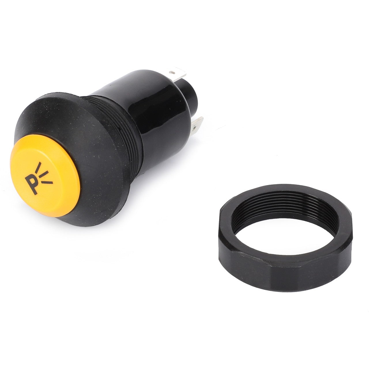 A yellow and black push button switch adorned with a light beam symbol, featuring a black threaded ring, ideal for Massey Ferguson tractors. Product: AGCO Switch, Push Button, Standard Lighting - X830240358000.