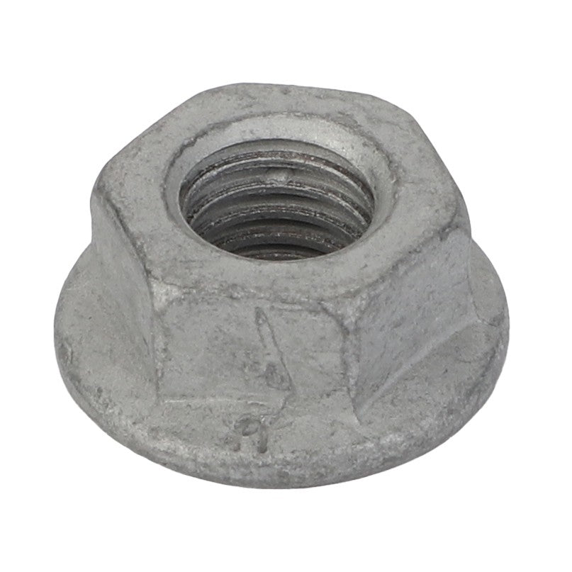 Close-up image of the AGCO Hex Nut - Acp0676630, featuring a flanged base and crafted from metal. The threading is clearly visible inside the central hole. No current product description available.