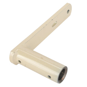 Introducing the AGCO | LEVER - D28284234, a beige metal bracket featuring both cylindrical and flat sections. It includes multiple holes designed for versatile mounting or connection purposes. Brought to you by the trusted brand, AGCO.