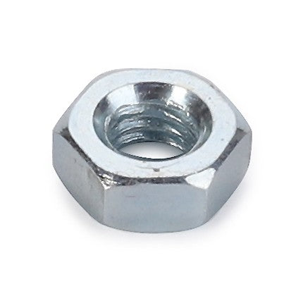 Image of the AGCO Nut - La10794011, a silver metallic hex nut with an internally threaded hole, used in conjunction with bolts for securely fastening components together.