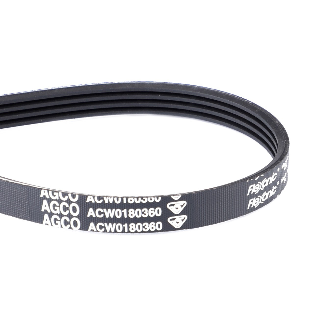 Close-up image of an AGCO Serpentine Belt, featuring a black Flexonic design with the code ACW0180360 printed in white, ensuring optimal performance for Massey Ferguson Models.