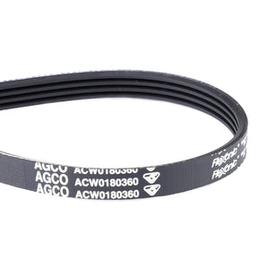 Close-up image of an AGCO Serpentine Belt, featuring a black Flexonic design with the code ACW0180360 printed in white, ensuring optimal performance for Massey Ferguson Models.