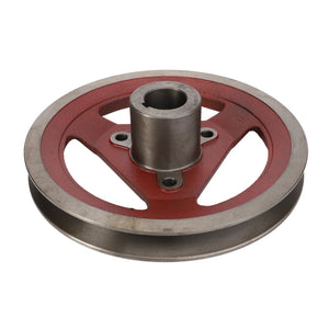 This AGCO Driven Sheave - La300114379 is a metal pulley with a red interior, three circular cutouts, and a central cylindrical hub. Further product specifications are not available.