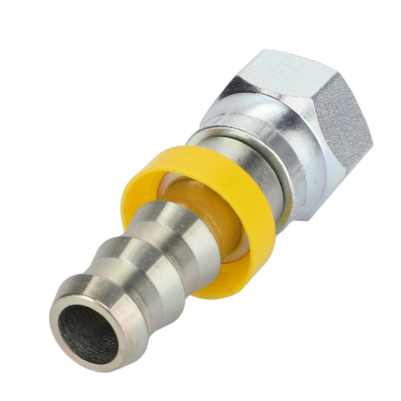 A metallic connector, identified as AGCO | Union - 3385676M1, features a threaded hexagonal end, a segmented cylindrical section, and a yellow rubber ring. It is suitable for various Massey Ferguson models, including both 2WD and 4WD.