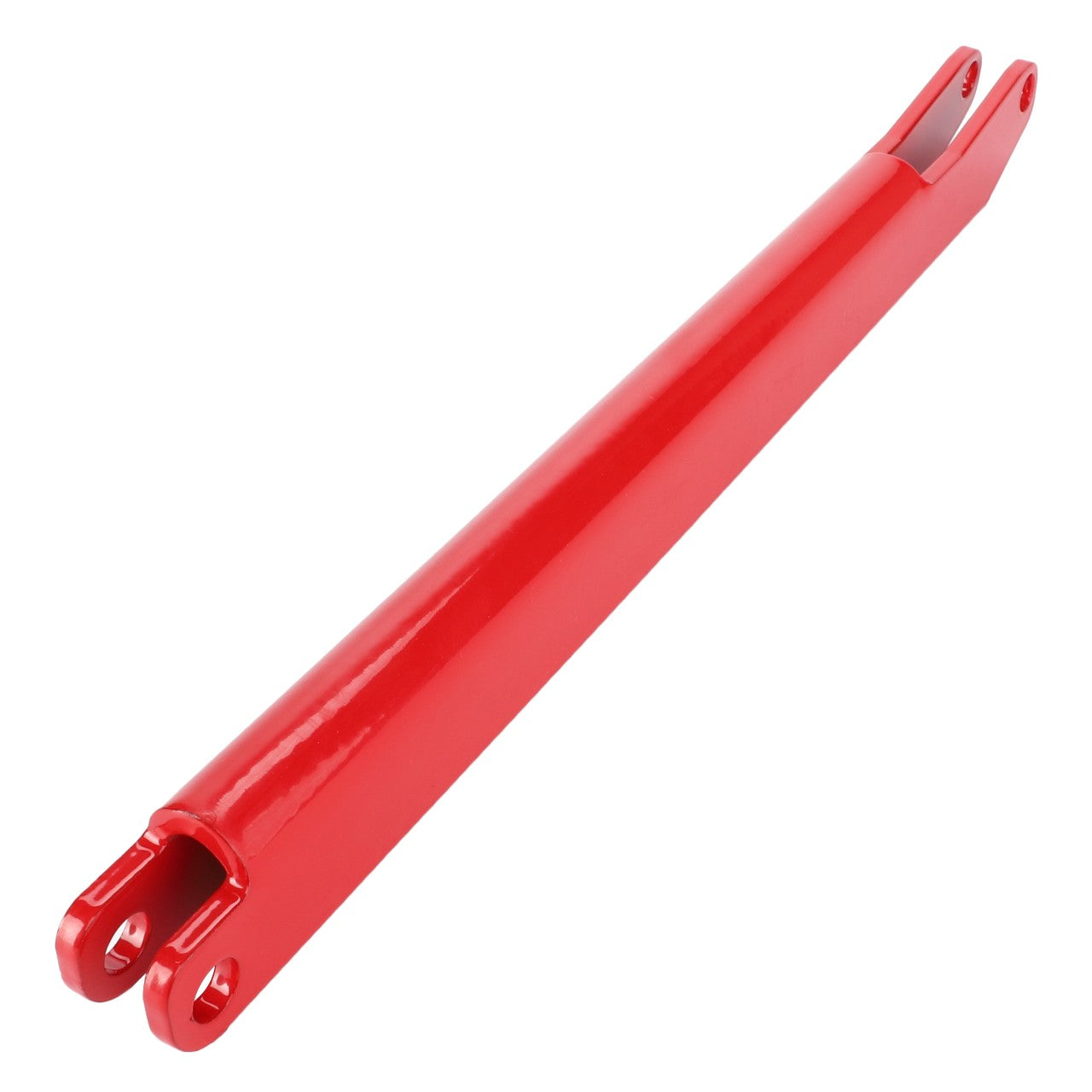 The AGCO | Stay - Acp0297830 is a red, elongated metal tool with a smooth finish, featuring forked ends with holes for attachment or connection, compatible with various Valtra Models.