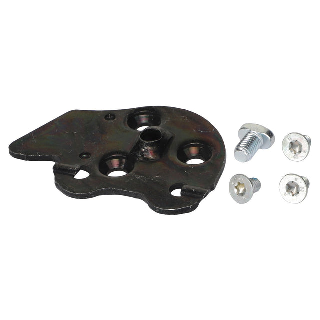 The AGCO | Plate - 3903620M1, a metal bracket featuring three holes and including three screws and one bolt, is ideal for use with Fendt Models and is isolated on a white background.