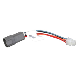 The AGCO HARNESS - AG332483 wiring harness adapter features a gray plug on one end and a white connector on the other, linked by short red, blue, and black wires. Currently, no additional product description information is available.