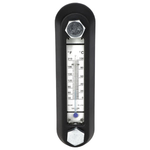 The AGCO | SIGHT GLASS - AG709053 is a vertical thermometer gauge encased in black housing, displaying temperatures in both Fahrenheit and Celsius, with a clear glass front and visible bolts at the top and bottom.