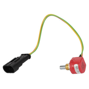 The AGCO | POTENTIOMETER - D28782719 from AGCO features a pressure sensor with three wires (yellow, green, and orange) seamlessly integrated into a red housing and black connector.