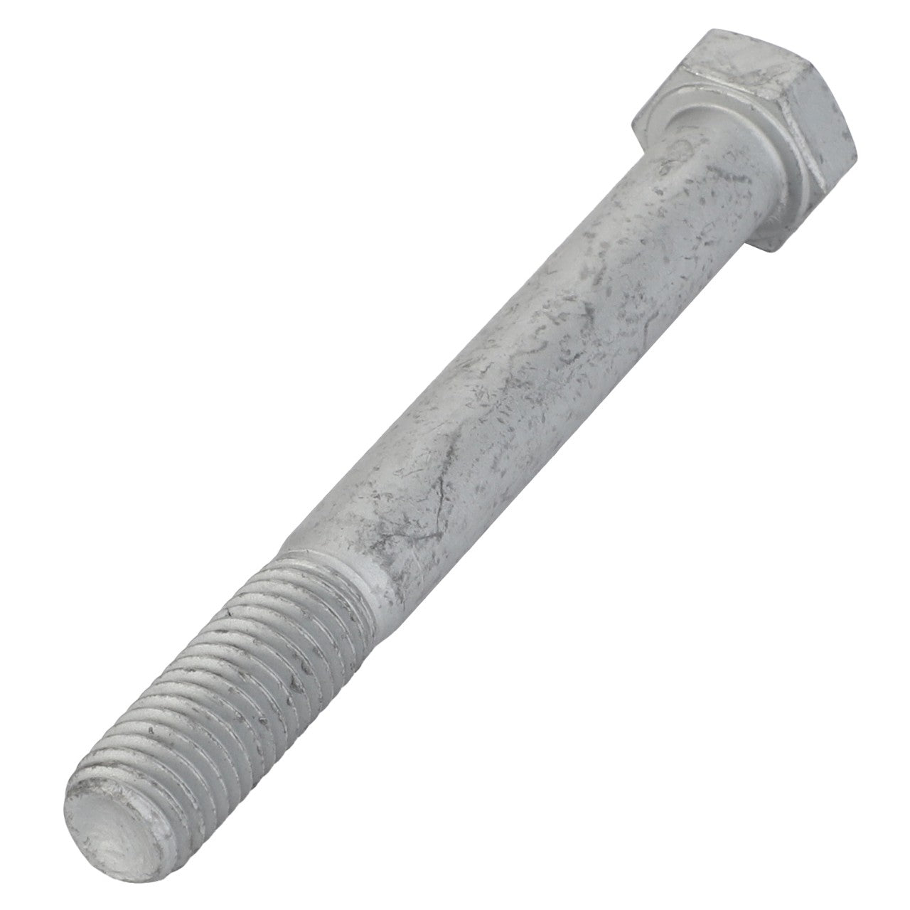 A close-up image of the AGCO | Hexagonal Head Bolt - Acx2313430, showcasing its silver finish with threading at one end and a hexagonal head at the other. The bolt, slightly weathered, exhibits a metallic texture. No current product description available.