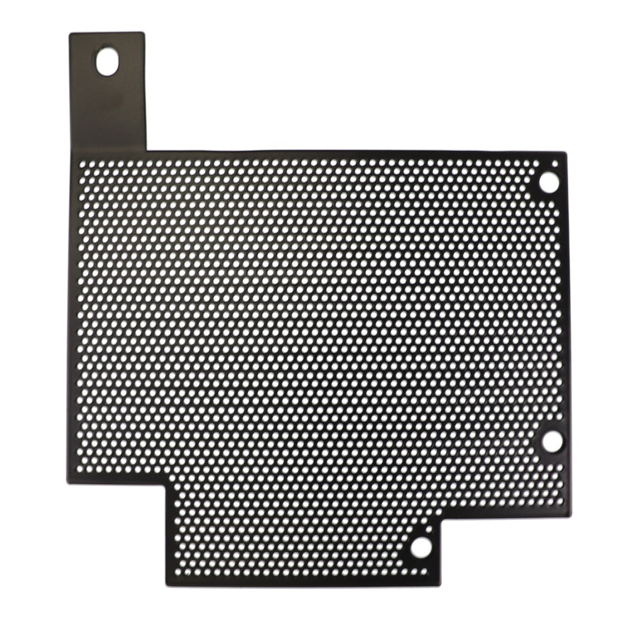 Introducing the AGCO | HEAT SHIELD - ACW0590380 by AGCO: a flat, rectangular perforated metal plate featuring three holes on the right side and one hole in the top left corner. Product description information is currently unavailable.