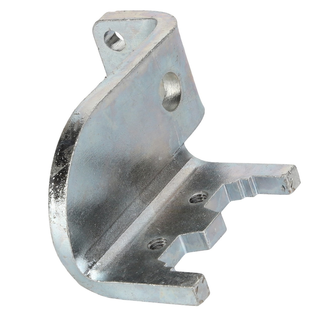 AGCO's Bracket - Acx265814A is a metal bracket with mounting holes and a notched edge, designed for structural support or attachment purposes. It features a silvery finish, reminiscent of the robust designs seen in Valtra machinery.