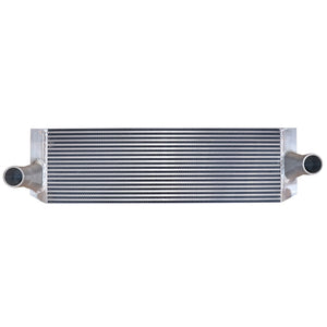 AGCO's AIR COOLER - ACW0485650 is a rectangular aluminum car intercooler featuring horizontal fins and two cylindrical inlet/outlet ports on the sides. No current product description information is available for this item.