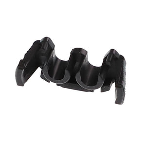 The AGCO | WIRE LOCK - AG520275 is a black plastic clip by AGCO, designed with two slots for securing small items. It features ridged ends for improved grip. No further product description information is available at this time.