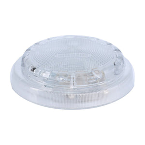 A translucent, round LED light cover with a textured surface, designed to be mounted flat and compatible with Massey Ferguson Models, branded as AGCO Interior Light, Roof, Bulb 12V 10W - ACP0351770.