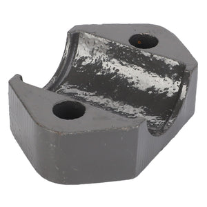 The AGCO BEARING CARRIER - D28480854 is a metallic bracket with two holes and a curved inner section, featuring a rough, dark finish. No current product description information is available.