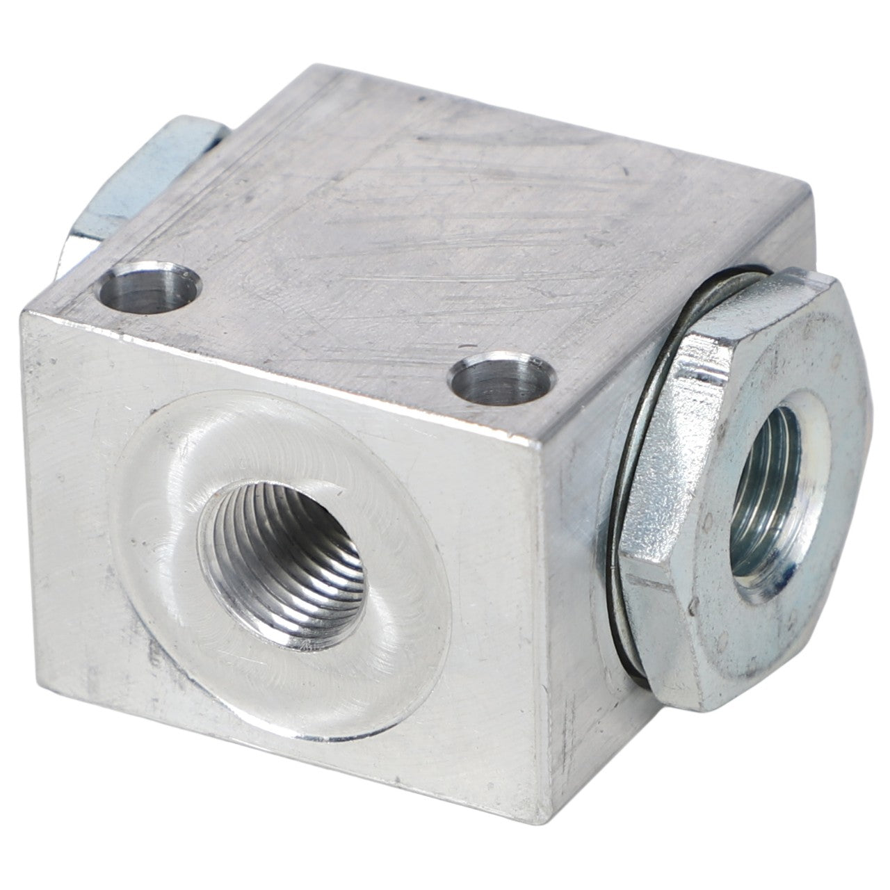 The AGCO | CASING - AL521309 is a robust metal hydraulic manifold block featuring precisely threaded ports and fittings for secure connections.