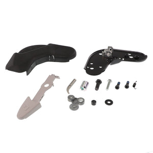 A collection of assorted automotive parts, including brackets, bolts, washers, and a small metal arm, is neatly arranged on a white background. This product is the AGCO Adjustment - F916500031040 from the renowned brand AGCO.