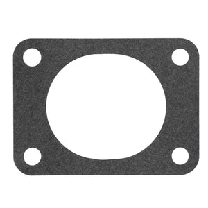 The AGCO Gasket - V836324568 is a rectangular black gasket featuring a large central circular cutout and four smaller circular holes in each corner.