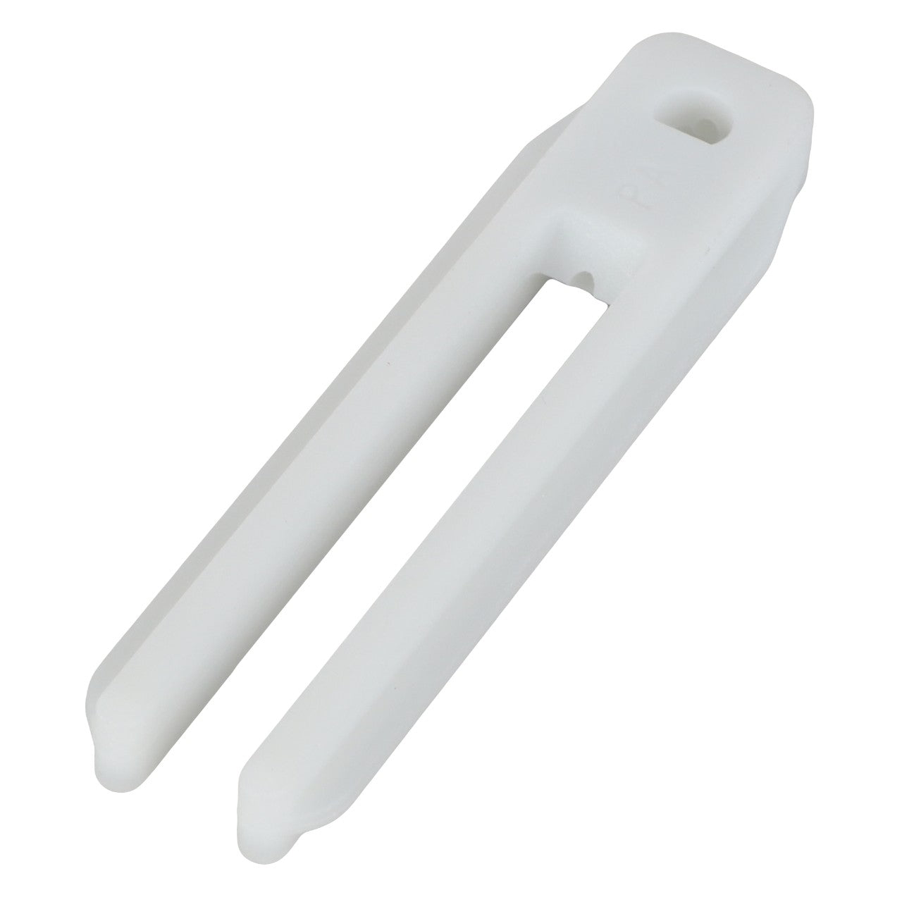 The AGCO | Driver - 309100120020 is a white plastic, two-pronged clip with a small hole at the top end, designed for holding or securing items, perfect for those working with Fendt Vario machinery.