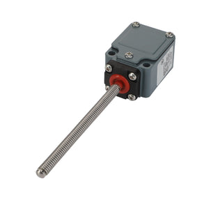 Meet the AGCO Stroke Limiter - La313599000: This industrial grey limit switch is designed with a long, straight threaded rod, complete with metal screws and a distinctive red circular component at the base of the rod.