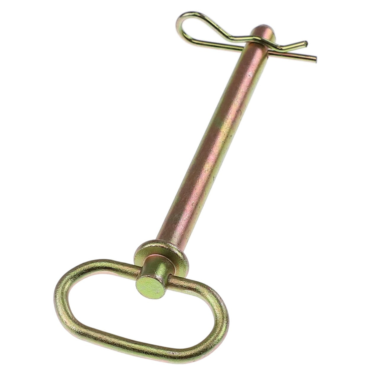 The AGCO Hitch Pin - Acp0028240 by AGCO is a metal lynch pin featuring a cylindrical rod and a rectangular loop handle, secured by a spring clip.