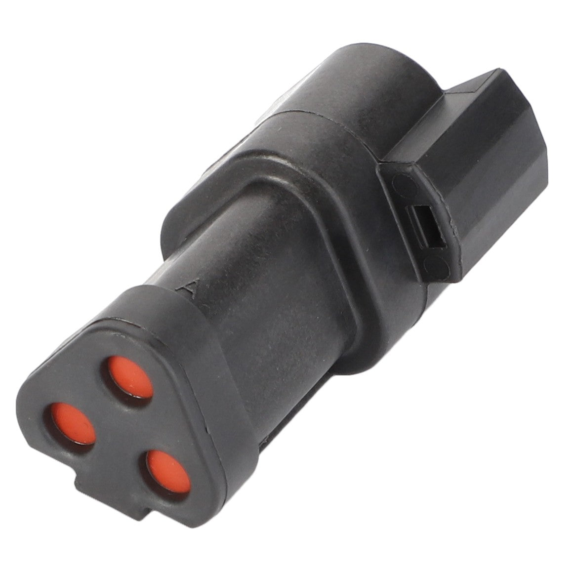 Close-up of the AGCO Resistor, 120 Ohm - Acp0222350, a black cylindrical electrical connector with three orange recessed holes, designed for industrial or automotive applications to ensure machinery operating safety.